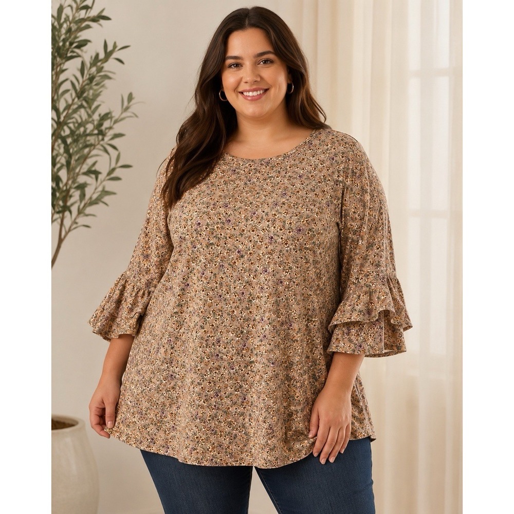 Curvy Lovey Plus Size Floral Tan Top 6x Very Soft * Ruffle Sleeves Brand New